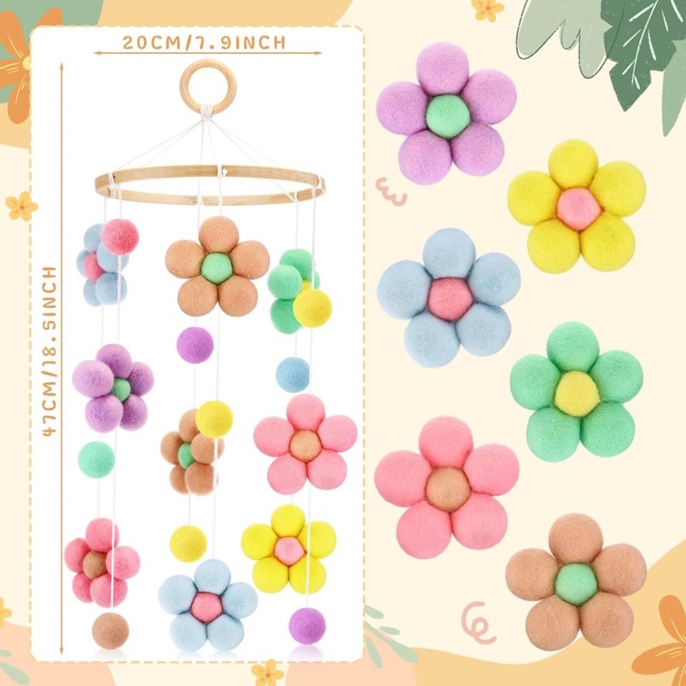 Flower Crib Mobile for Girls Room Decoration, Colorful Ball Wool Felt Ball